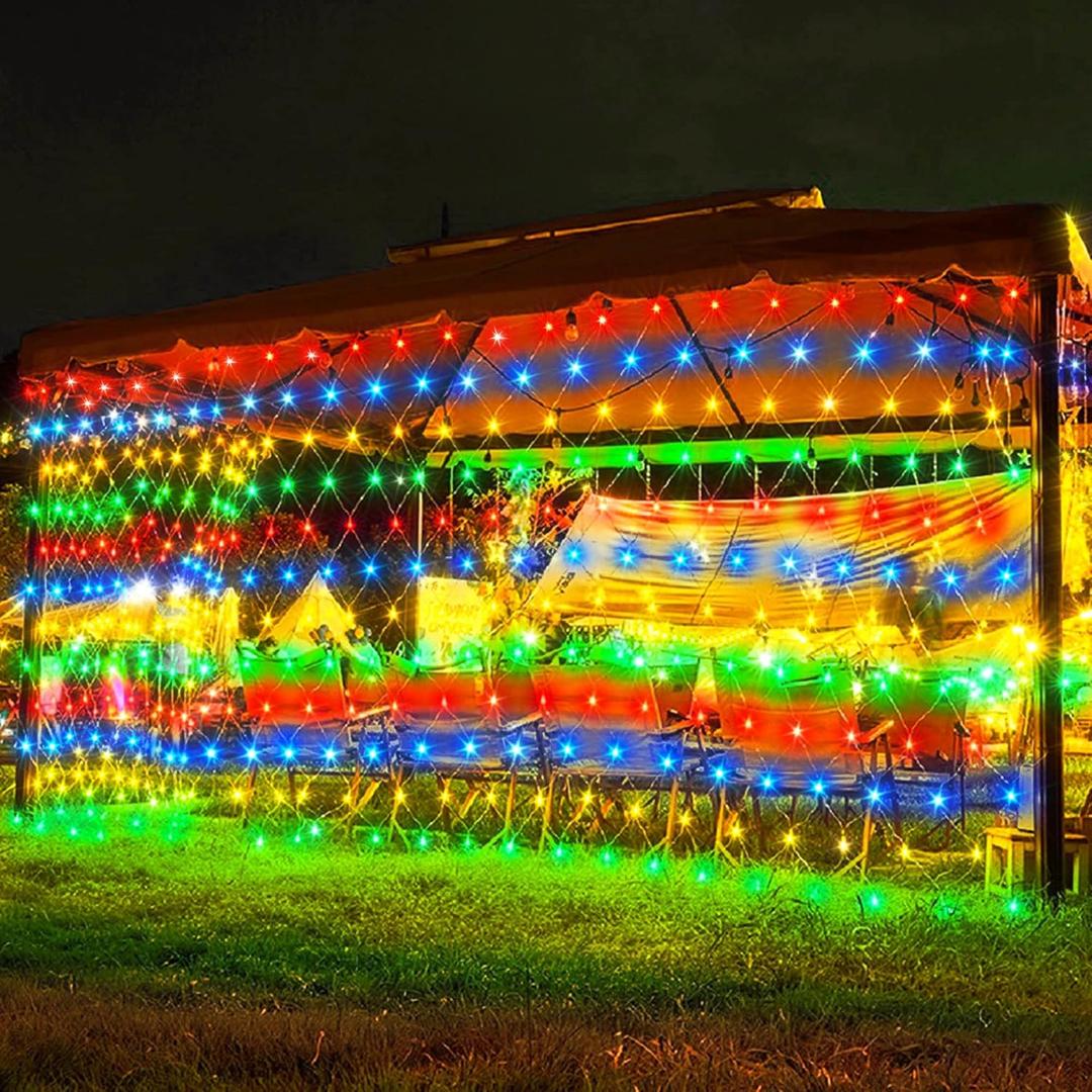 weillsnow 198 LED 9.8ft x 6.6ft Christmas Net Lights, Connectable 8 Lighting Twinkle Modes Mesh Lights for Christmas Outdoor Patio Garden Bush Fence Decorations (Multi-Colored)