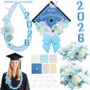 Dunzoom 100 Pcs DIY Blue Graduation Leis and Cap Decorations Kit 55''Double Braided Graduation Ribbon Lei Artificial Flower 3D Butterfly Glitter Paper Grad Cap Topper Accessory for 2026 Grad