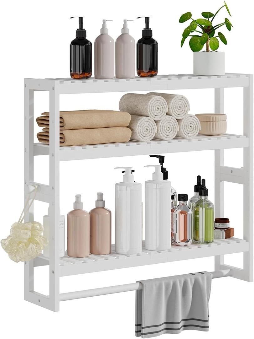 RRX Bathroom Shelf Storage Organizer, Bathroom Shelf 3-Tier Adjustable Layer Bamboo Organizer with Bar,Hanging, Freestanding Over Toilet Utility Shelves,White