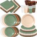 Zhehao 175 Pcs Woodland Party Supplies Set Green and Brown Disposable Tableware Kit with Plates, Cups, Napkins, Cutlery in Natural Earth Tones for Baby Shower, Birthday, Wedding Forest Events