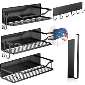 5 Pack Multifunctional Magnetic Shelves for Refrigerator Spice Rack & Washing Machine Organize, Include Paper Towel Holder, Kitchen Utensil Hanger and Hooks, Strong Magnet for Secure Hold (Black)