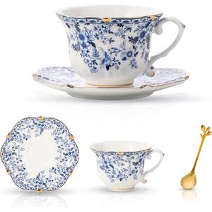 TATSUMI Country Roses Bone China Tea Cup and Saucer Set, 3 Pieces, Vintage Style, For Women and Tea Parties (QH,1 Set) (Blue)