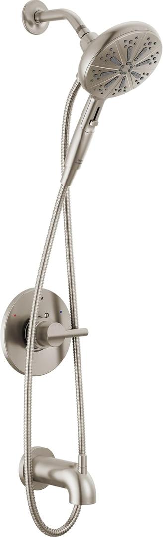 Delta Nicoli 14 Series Brushed Nickel Bathtub Shower Faucet Set with Handheld Shower Head, Valve Trim Kit, Stainless 144749-SS-HS (Valve Included)