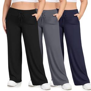 HLTPRO 3 Pack Lounge Pants Women Plus Size Wide Leg Pants Woman with Pockets Casual Pajama Palazzo Black Pant for Yoga XL