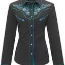 Women's Embroidered Western Cowboy Shirt Vintage Style Long Sleeve Button Down Shirt Premium Quality Snap Front Design (XX-Large, Black-green)