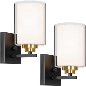 Set of 2 Wall Sconces for Bathroom, Modern Vanity Light Fixtures, Black & Gold Wall Mount Lighting Lanterns, Farmhouse Wall Lights with Double Clear Glass Shade for Bedroom Living Room Mirror Hallway