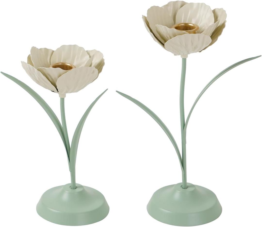 NIKKY HOME Tulip Taper Candle Holders Set of 2, Vintage Elegant Flower Shaped Metal Candlestick for Table Centerpieces, Spring Wedding Decor and Dinner Party, White & Green