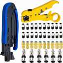 Coax Cable Crimper Kit, Coaxial Compression Tool Adjustable RG6 RG59 RG11 75-5 75-7 Coaxial Cable Stripper with 20PCS RG6 Connectors, 10PCS Female to Female Connectors, 6PCS RG11 Connector