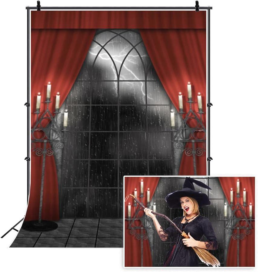 Renaiss 8x10ft Vintage Gothic Window Backdrop Red Curtain Candlestick Black Floor Lightning Stormy Sky Vampire Medieval Castle Photography Background Halloween Dress Up Party Decors Photo Booth Props (FWH00070)