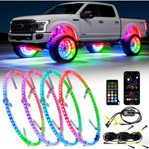15.5inch Double Row Wheel Lights with APP & Remote Control, RGB Chasing Wheel Ring Lights with Turn & Braking Signal Compatible with Various Trucks, SUV, and Cars