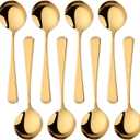 6.3 Inch Soup Spoons, Food-Grade Stainless Steel Round Spoon & Teaspoons Set, Durable Metal Dessert Spoons, Dishwasher Safe Silverware for Home & Restaurant (8, Gold)