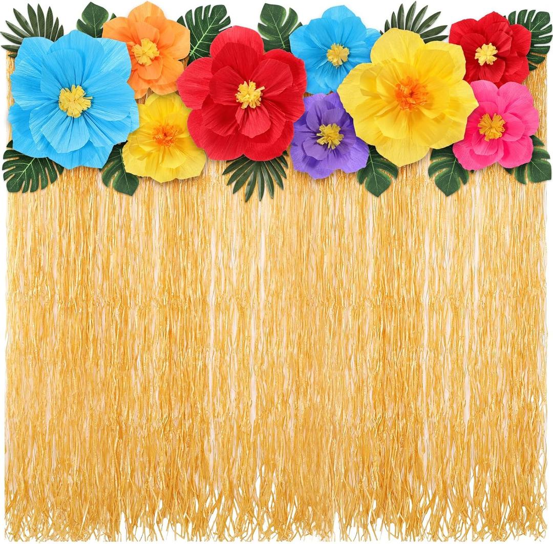 22 Pcs Hawaiian Luau Beach Backdrop with Colorful Paper Flowers Decor Set 5. 6ft x 3. 3ft Luau Grass Backdrop 3D Hibiscus Paper Flower Palm Leaves for Aloha Party Decor(Red Flower)