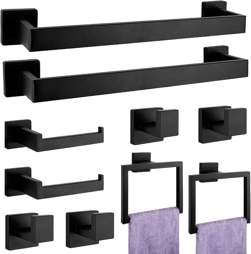 Bathroom Accessories Towel Bar Set: 10 Pieces Matte Black Bathroom Hardware Square SUS304 Stainless Steel - Wall Mounted Towel Rack&Toilet Paper Holder&Towel Ring and Towel Hook Bathroom Accessories Towel Bar Set: 10 Pieces Matte Black Bathroom Hardware Square SUS304 Stainless Steel - Wall Mounted Towel Rack&Toilet Paper Holder&Towel Ring and Towel Hook