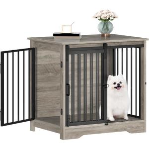 27.2" Dog Crate Furniture with Barn Door, Heavy Duty Dog Kennel Indoor with 2 Doors, Wooden Pet Cage End Table for Small Medium Dogs up to 22 lb, Anti-Chew Anti-Escape, Greige DFC84305B