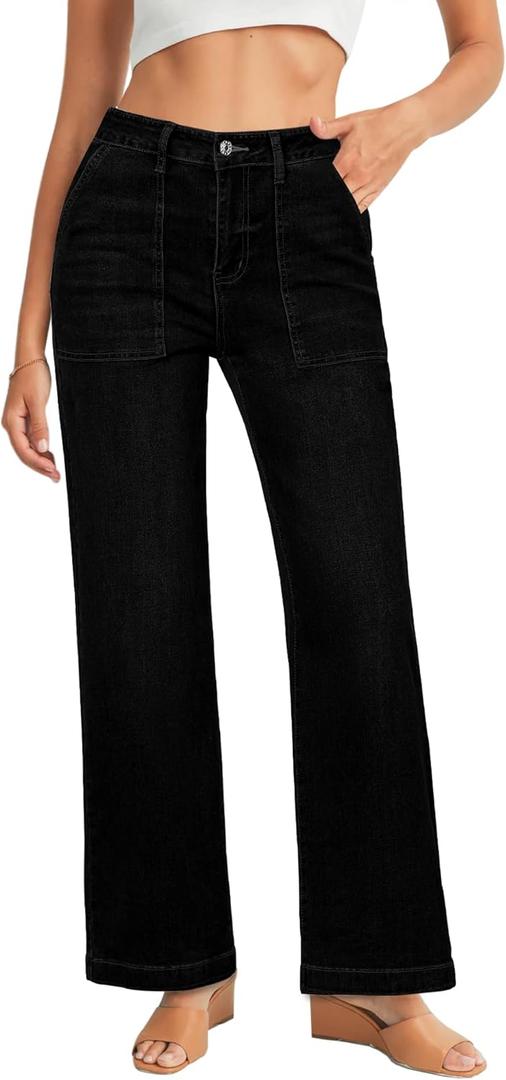 GRAPENT Jeans for Women High Waisted Straight Leg Jeans Stretchy Trendy Wide Leg Denim Pants Jean Trousers Patch Pockets (X-Large, True Black)