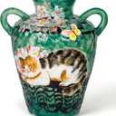 10.5 Inch Ceramic Vase with Hand-Painted Cat & Floral Design, Green Decorative Flower Vase with Handles for Home Decor, Boho Table Centerpiece, Ideal Gift for Plant Enthusiasts