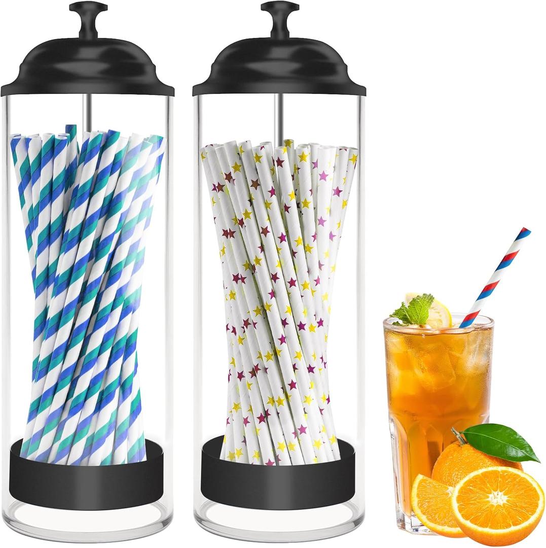 Straw Holder for Standard Size Drinking Straws, Acrylic Plastic Straw Dispenser for Counter with Lid Black - Pack of 2(Straws Not Include)