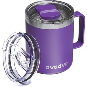 12oz Insulated Coffee Mug with Lid  Includes Two Lids, Stainless Steel Coffee Travel Mug with Handle, Double Wall Vacuum Insulated Camping Mug for Home, Office & Outdoor, Dark Purple