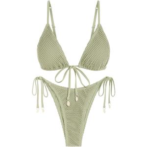ZAFUL Women Triangle String Two Piece Bikini Fishnet Mesh Tie Shell Decor Tanga 2 Piece Swimsuit (Large, 1-light Green)