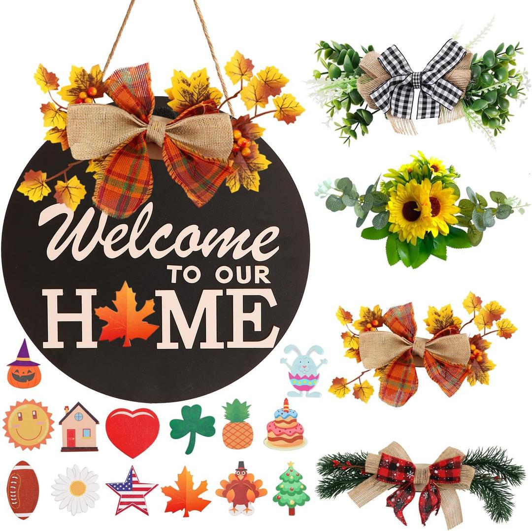 Interchangeable Welcome Sign for Front Door with 4 Seasonal Wreaths and 14 Changeable Icons, Farmhouse Front Porch Décor, Front Door Decoration, Seasonal Rustic Wooden Wall Sign home décor (7wood)