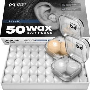 PQ Wax Ear Plugs for Sleeping, Swimming - 50 Noise Cancelling Silicone Gel Wax Earplugs, Ear Protection for Sleep and Swim, Soft Wax Pillows with Sound Blocking Level 32Db, (50 Pillows), Color: White (Classic)