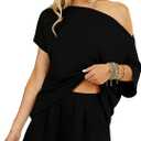 Dressmine 2 Piece Short Sets for Women Sexy Lounge Pjs Cute Batwing Off Shoulder Top Shorts Pajamas Summer Outfits (Black, M)