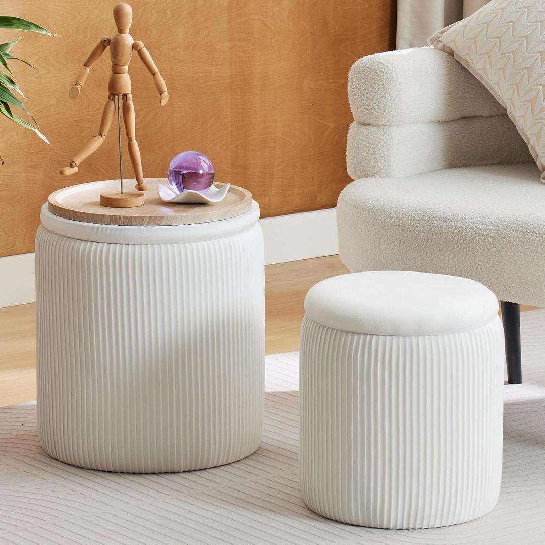 BLEXA Round Ottoman with Storage Set of 2-Upholstered Velvet Vanity Stool for MakeupMultifunctional Ottomans Coffee Table Padded Seat Foot Rest for Living Room&Bedroom(White-Upgrade Tray Lid) 