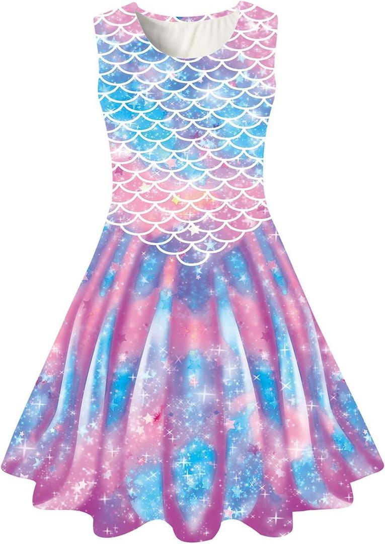 Funnycokid Girls Dress Summer Sleeveless Sundress Birthday Outfit Twirly Mermaid Party Kids 4-15 Years