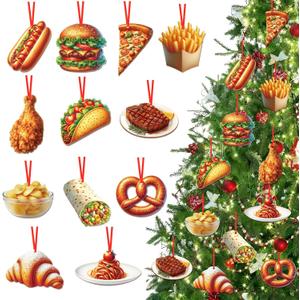FLYAB 12PCS Food Christmas Ornaments Xmas Gifts for Women 3.15x2.64 Inch Wooden Hanging Ornament for Christmas Tree Party Xmas Stocking Stuffers for Kids Family Friends (B1)