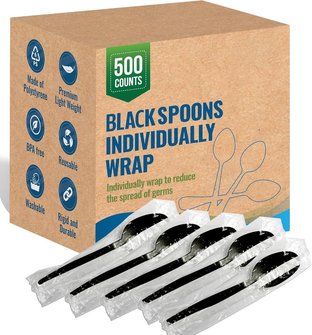 Plastic Black Spoons Disposable Individually Wrapped - Medium Weight 500pcs. - Ideal for House Party, Backyard BBQ, Picnic, Home