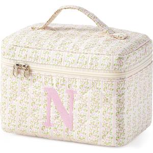 HBselect Initial Quilted Makeup Bag, Pink Cosmetic Travel Toiletry Bag, Flowers Coquette Zipper Make Up Pouch Organizer Teen Girl Gift Trendy Stuff N