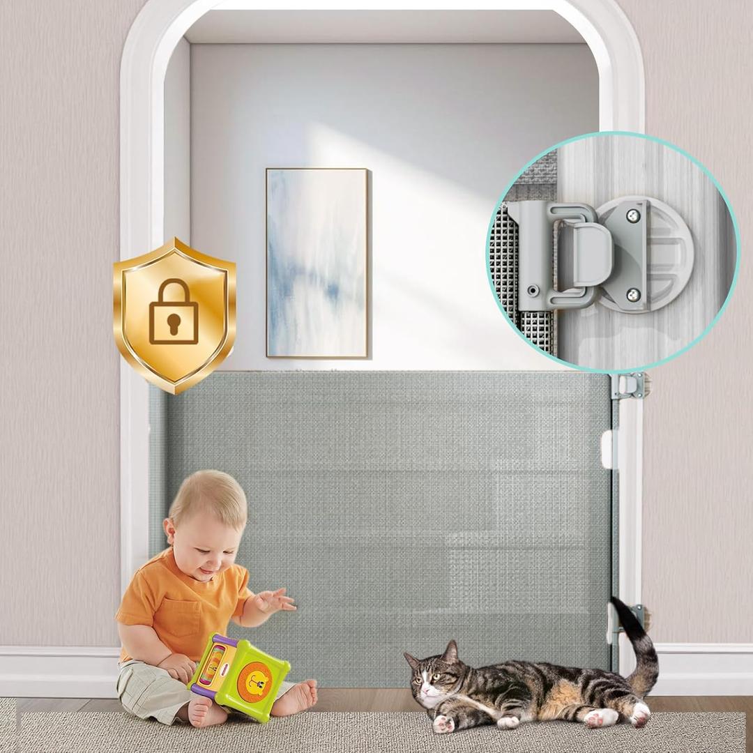 No-Drill Retractable Baby Gates for Stairs with Auto-Lock,33" Tall,Extends up to 55" Wide Mesh Baby Dog Pet Cat Gate with Double Lock for Doorways,Child Gate for Hallways Kitchen Indoor Outdoor Grey