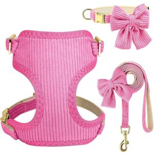 Didog Cute Small Dog Harness Collar and Leash Set with Bowtie, Breathable Soft Mesh Padded Puppy Harness, Dog Harness for Small Dogs Daily Walks Parties, Holiday Gatherings & Gifts, Hot Pink, S