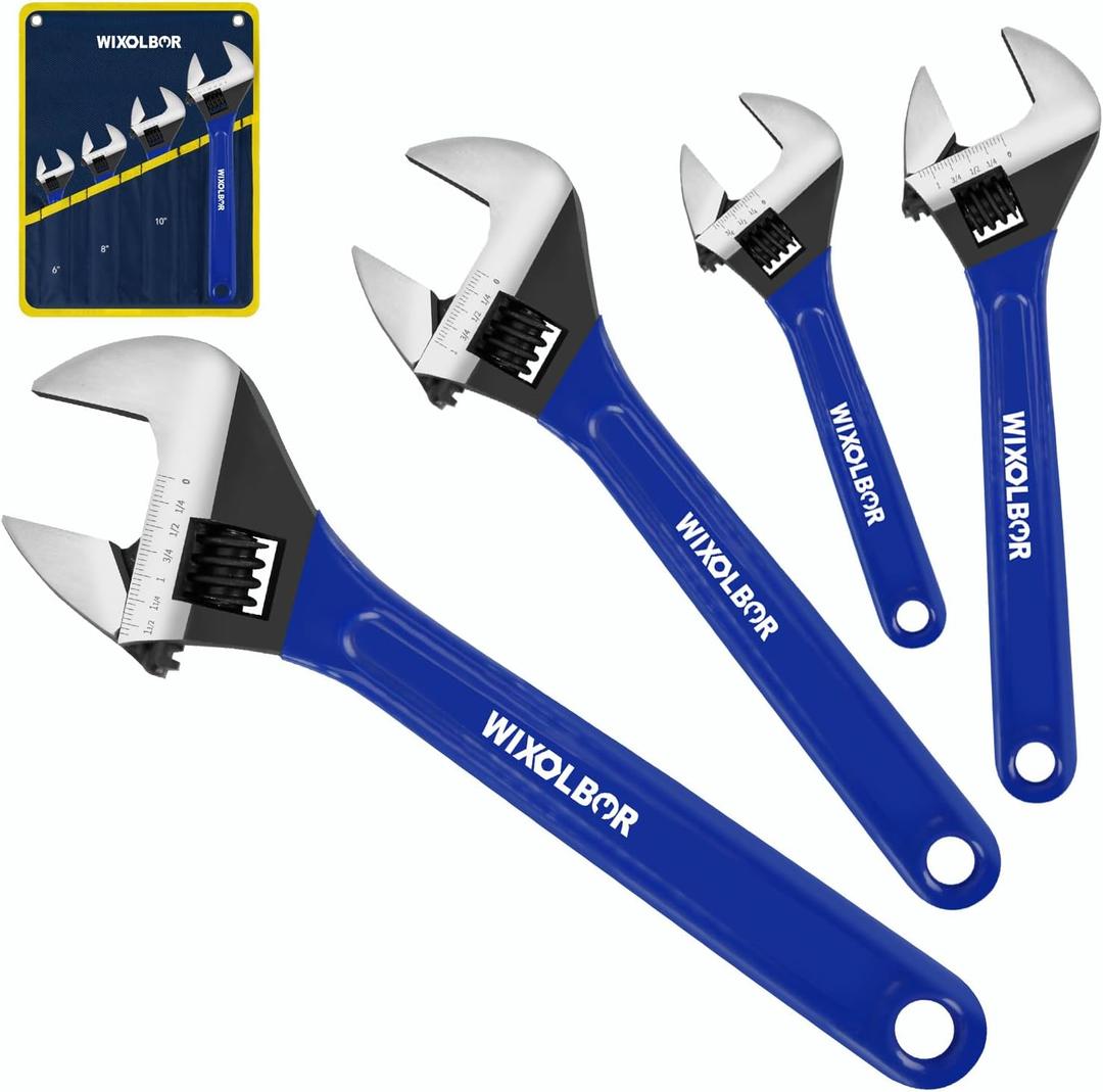 4-piece Adjustable Wrench Set, 6-inch & 8-inch & 10-inch & 12-inch, Wide Jaw Black Oxide Wrench, Metric & SAE Scales, for Home, Garage, Workshop, with Organizer bag