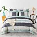RYNGHIPY Sage Green Striped Comforter Set, Geometric Lightweight Soft Bedding Set, All Season Down Alternative Men Boy Comforter with Sheets Pillowcses (Queen,Sage Green) 90x102,  20x30 in