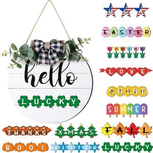 Frienda 13 Pcs Interchangeable Welcome Sign Seasonal Front Door Sign with 12 Changeable Icons Easter spring summer Welcome Door hanger Rustic Round Wood Wall Hanging Decor for All Seasons