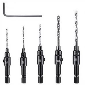5 Pcs Countersink Drill Bit Set with 1/4" Hex Shank Tapered Adjustable Depth Bits for Wood Metal Plastic Change