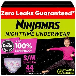 Ninjamas Girls Bedwetting Nighttime Underwear, Size S/M (38-70 lbs), 44 Count, Overnight Protection, Ultra Absorbent, Hypoallergenic