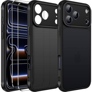 ivoler 3-in-1 Case for iPhone 17 Pro 6.3" 2025 with 2 Pack Tempered Glass Screen Protector [Military Grade Protection], Frosted Translucent Back for iPhone 17 Pro Cover- Black