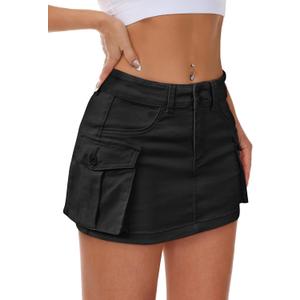 Mancreda Women Denim Cargo Skirt Mini Low Waist Button Bodycon Y2K Flap Pockets Skirts (X-Large, S01-black)