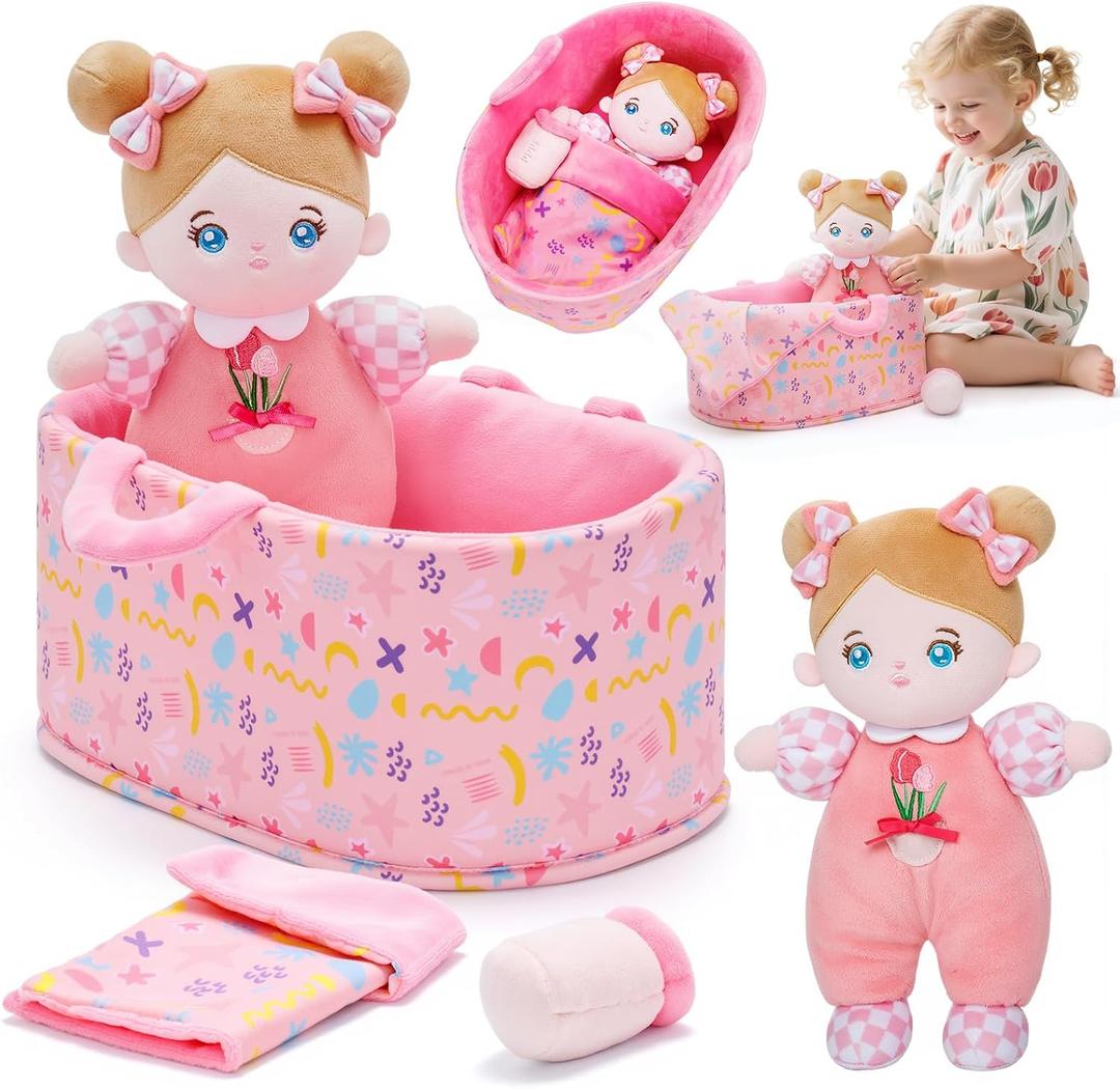 OUOZZZ Baby Doll Accessories with Soft Doll, Bassinet, Blanket and Bottle, Interactive Pretend Playset for Social Emotional Learning, Toy for 2 Year Old Girls