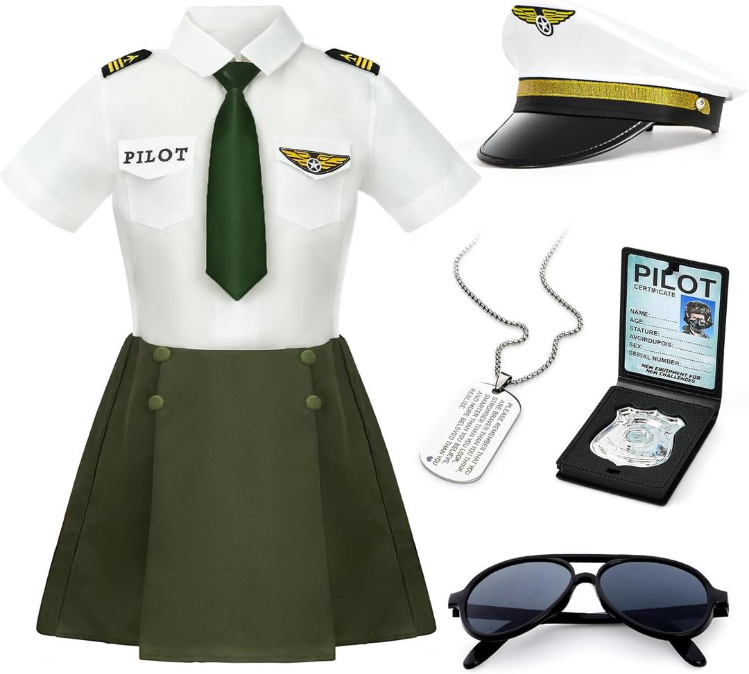 G.C Girls Pilot Costume Kids Dress Up Outfits Toddler Sunglasses Hat Accessories Halloween Cosplay Role Play Party Gifts (1103-4 Years)