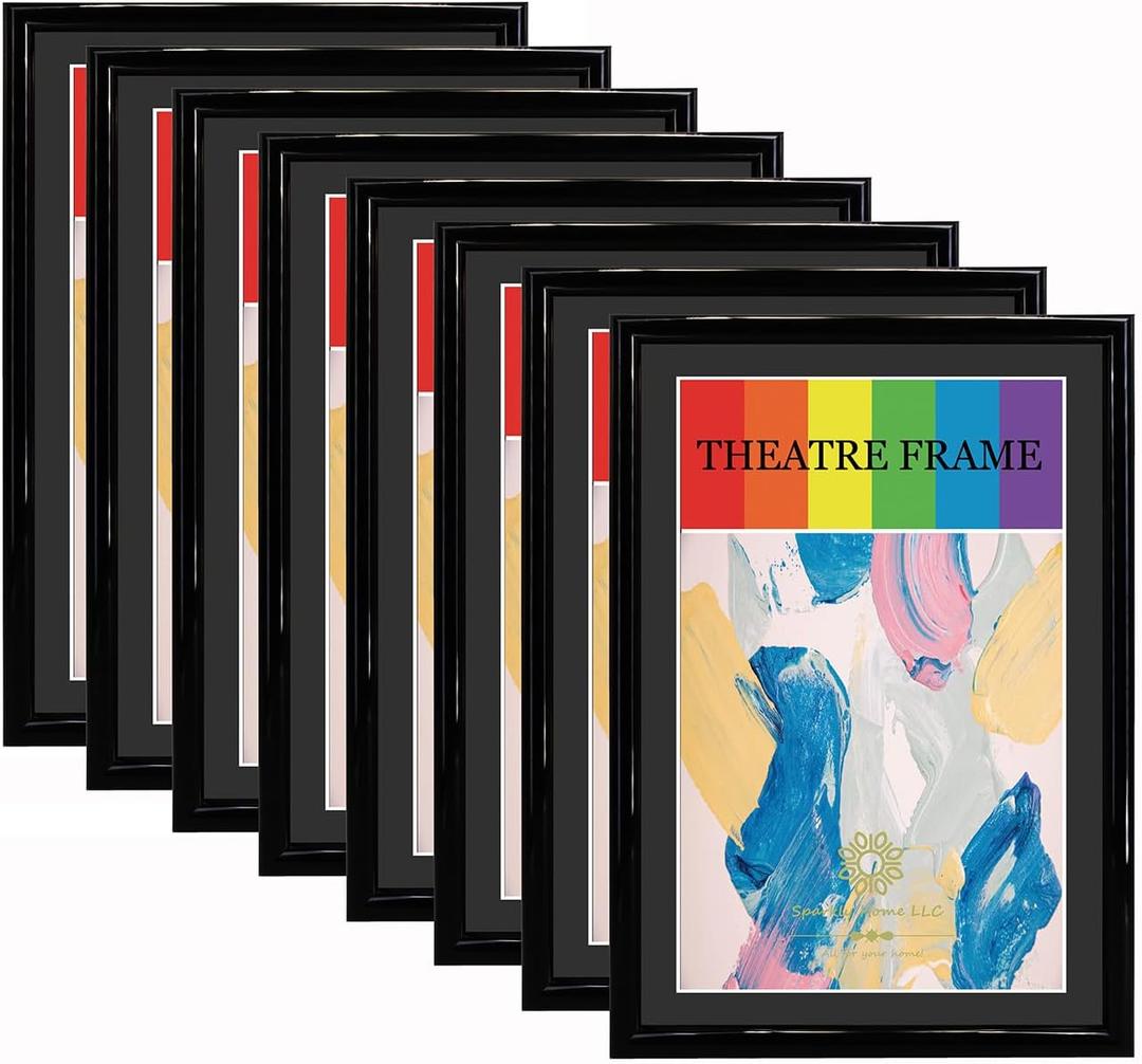 Black Theatre Frame with Black Mat, 8 Packs, Holds 5.5x8.5-inch Media, Wall or Tabletop Display