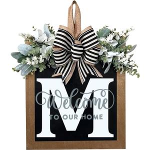 Last Name All Year Round Front Door Wreath with 26 Initial Letter Welcome Sign All Seasons Eucalyptus Garland and Bow Farmhouse, Porch, for Spring Summer Fall All Seasons Holiday Halloween Christmas. (M)