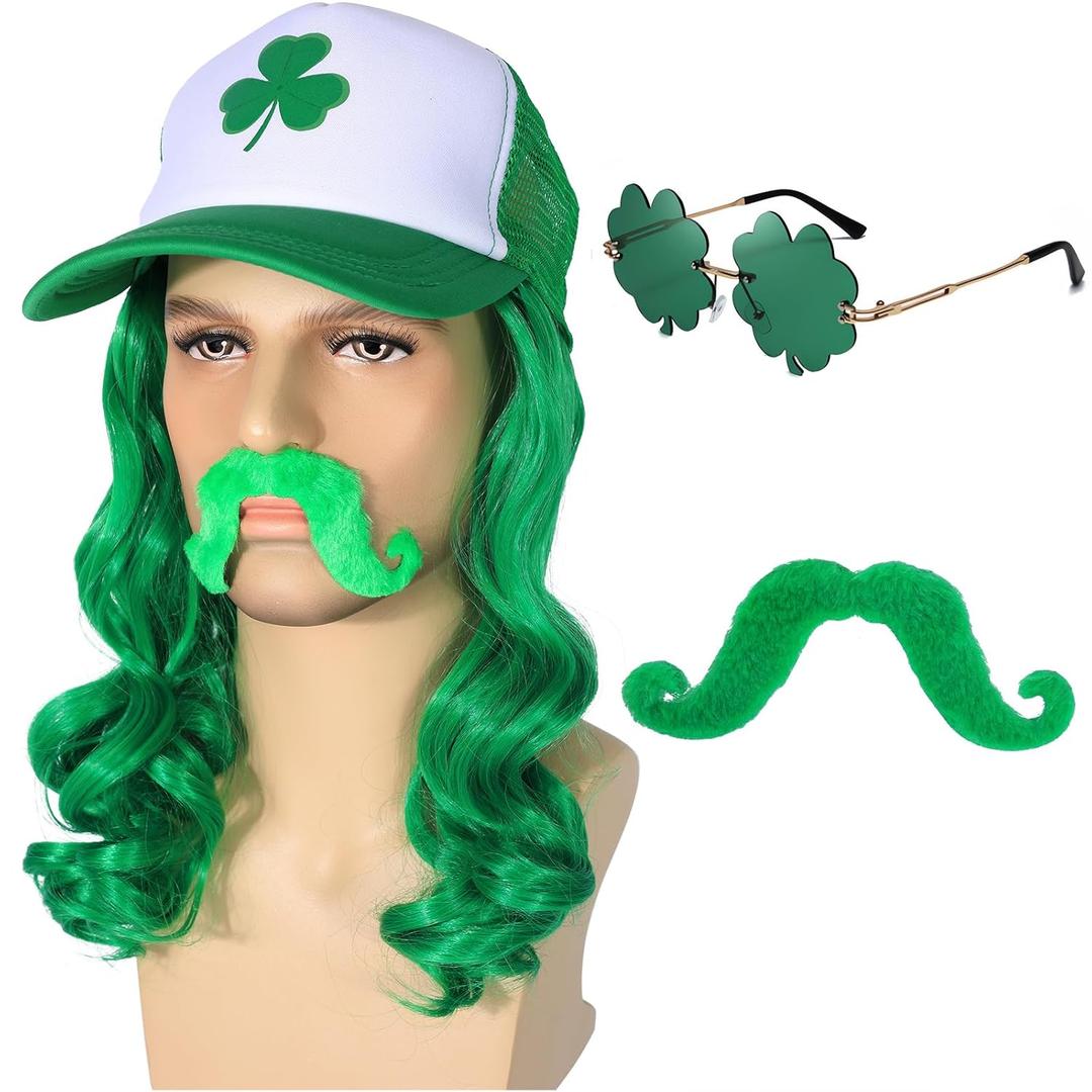 Morvally Green Mullet Hair Hat Wigs for Adult Men St Patrick's Days Costume with Glasses and Mustache