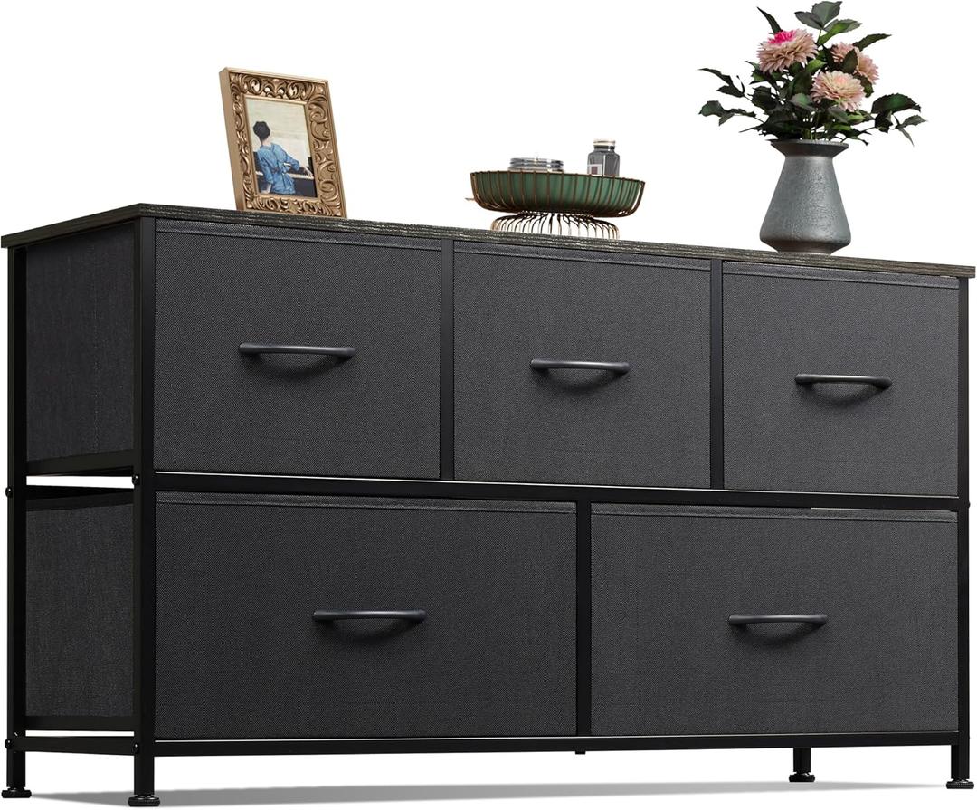 WLIVE Dresser for Bedroom with 5 Drawers, Wide Chest of Drawers, Fabric Dresser, Storage Organizer Unit with Fabric Bins for Closet, Living Room, Hallway, Charcoal Black (11.81"D x 39.37"W x 21.65"H)