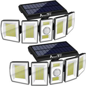 AmeriTop Solar Lights Outdoor 300 LED 7000K Motion Sensor Lights Cordless; 5 Adjustable Heads, 360 Wide Angle Illumination, IP65 Waterproof, Security LED Flood Light for Patio Yard Garden 2 Pack