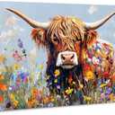 Western Bathroom Highland Cow Wall Art Abstract Scottish Cow Picture Wall Decor for Living Room Farmhouse Flower Animal Cattle Painting Canvas Colorful Floral Prints Kitchen Home Decorations 20"x40" (40L" x 20W")