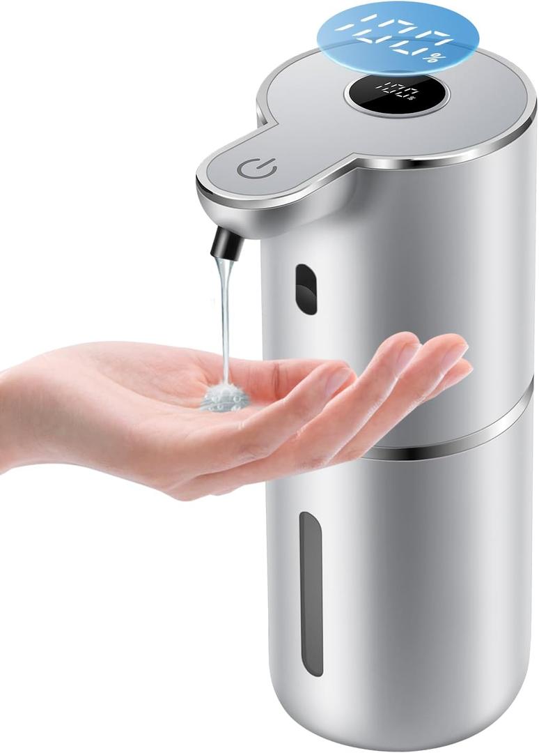 Automatic Liquid Soap Dispenser 12.8oz, Rechargeable & 6 Levels Soap Adjustable with Digital Display, Wall Mount, Waterproof, Touchless Hand/Dish Soap Dispenser for Kitchen, Bathroom, Hotel (Silver)