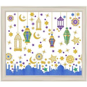 Ramadan Mubarak Window Clings Eid Mubarak Window Stickers Party Supplies Decorations Muslim Happiness Ramadan Eid Al-fitr Decor (Blue and Gold)